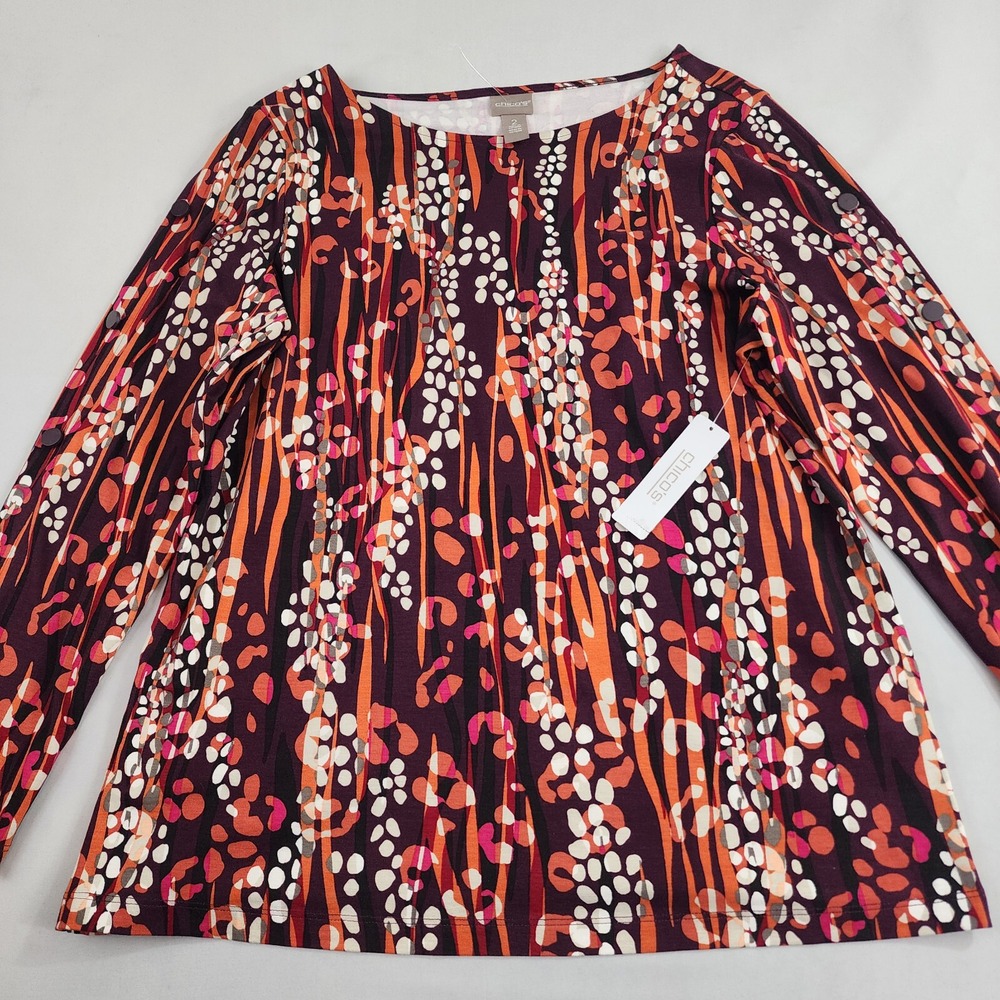 Chico's tunic top womens sz 2 red desert jungle button detailed slv stretch $59 - Picture 2 of 11